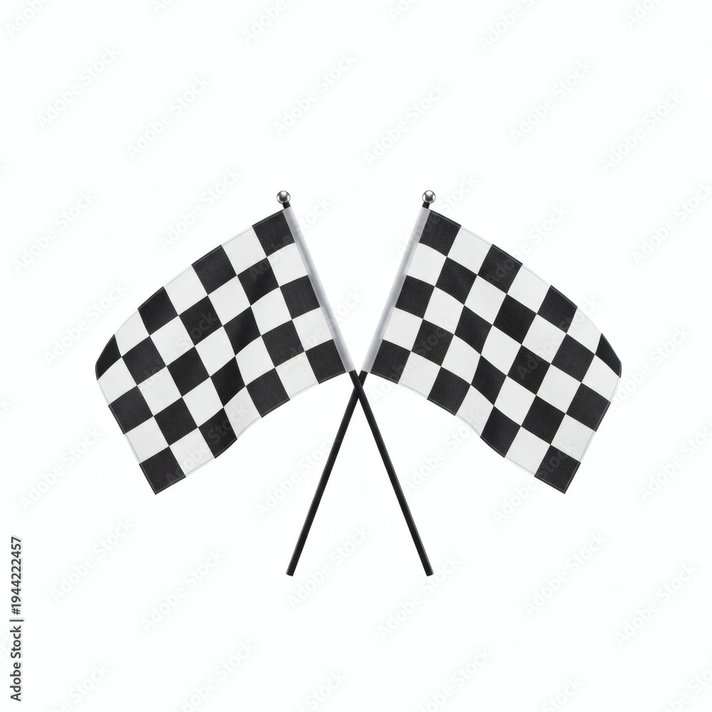 Fototapeta premium Two black and white checkered flags waving in the wind.