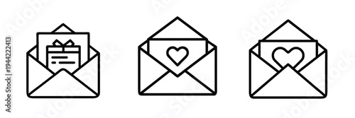 Love letter and greeting envelope outline icon set featuring heart card for romantic invitation and more vector illustration or editable stroke