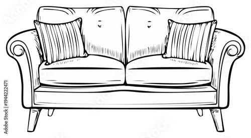 Illustration of a classic two-seater sofa with decorative pillows, sketch style.