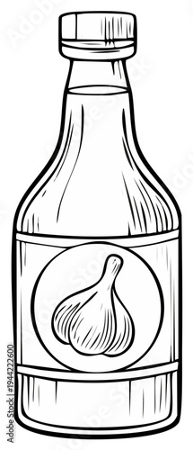 Garlic Sauce in a Glass Bottle Outline Illustration for condiment or food ingredient theme