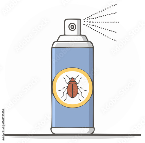 Stylized illustration of an insecticidal spray can dispersing a fine mist for bug extermination