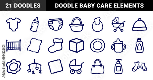 Hand-drawn baby care and nursery essentials with a naive felt-tip marker aesthetic. Rustic, clumsy doodle illustrations for organic parenting brands.