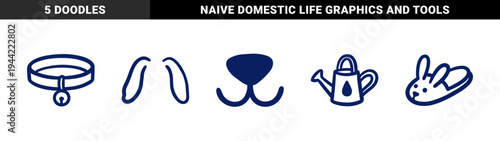 Hand-drawn pet care and gardening lifestyle elements in a naive doodle style. Rustic, thick-stroke marker illustrations for organic branding and cozy home concepts.