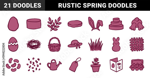 Hand-drawn Easter and spring garden elements for festive branding. Rustic, naive marker sketch illustrations featuring bunny, eggs, and floral concepts.