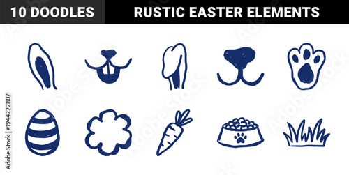 Hand-drawn bunny and Easter elements in a naive blue marker sketch style. Rustic charcoal texture illustrations featuring rabbit ears, carrots, and eggs.