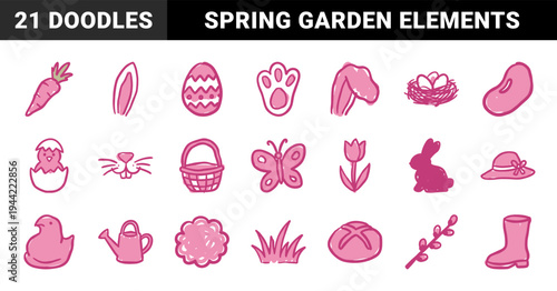 Hand-drawn Easter and spring garden elements for organic branding. Pink naive marker sketch illustrations featuring bunny, eggs, and floral concepts.