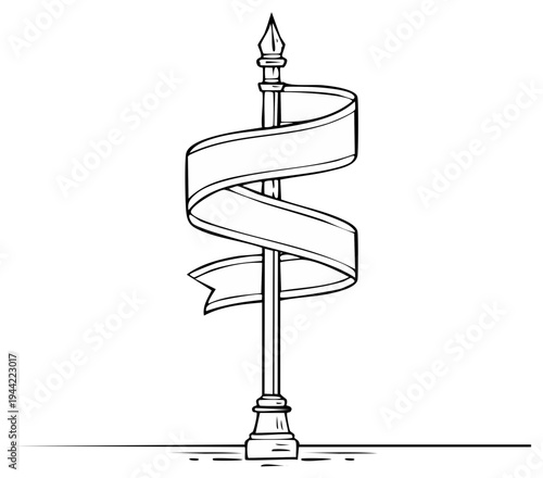 Hand drawn illustration of a vintage ribbon banner wrapped around a pointed spear staff