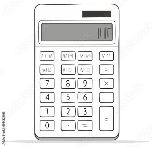 Hand-drawn calculator with digital display showing numbers and buttons for arithmetic operations