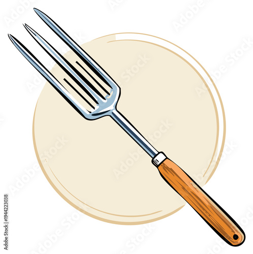 Classic Three Pronged Cooking Fork with a Wooden Handle Against a Beige Circle