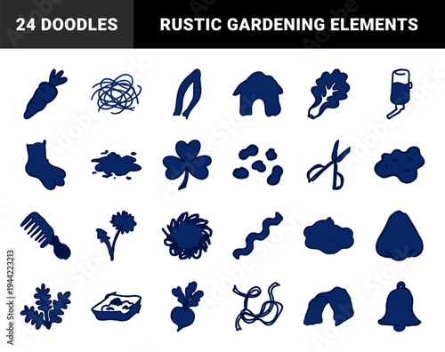 Hand-drawn organic gardening and nature elements for rustic branding. Naive blue marker sketch illustrations featuring plants and farm life.