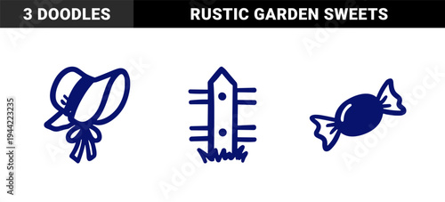 Hand-drawn rustic sun hat, garden fence and candy wrap elements for organic brand identity. Naive blue marker sketch illustrations.