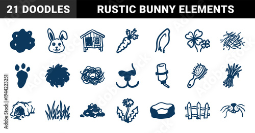 Hand-drawn rabbit care and bunny lifestyle elements for organic pet branding. Rustic naive marker sketch illustrations of pet supplies and nature.