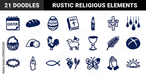 Easter and Christian religious symbols for church branding. Rustic, naive marker sketch illustrations featuring resurrection and holiday concepts.
