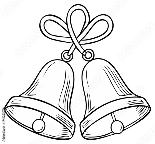 Pair of outline wedding bells with ribbon bow, celebration concept