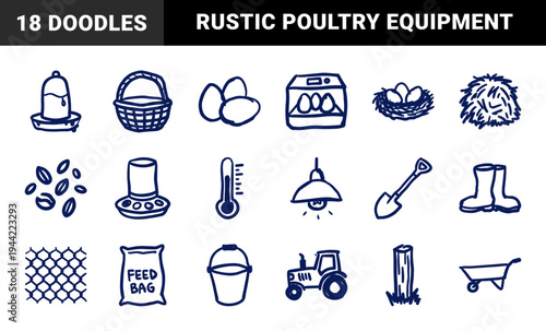 Hand-drawn poultry farming and agriculture elements for rustic brand identity. Crude marker sketch illustrations of chicken coop and egg production.