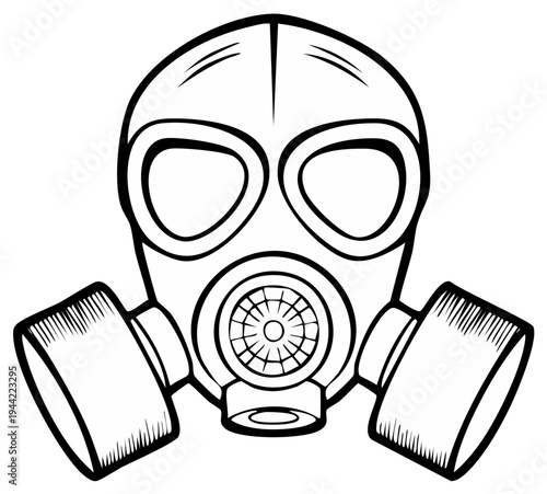 Black and white outline illustration of a gas mask with two filter canisters.