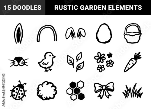 Hand-drawn spring and easter elements for organic brand identity. Rustic, naive marker sketch illustrations featuring garden and nature concepts.