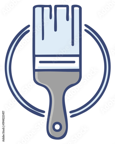 Simple cartoon paint brush icon with blue bristles and gray handle in a modern doodle style circle