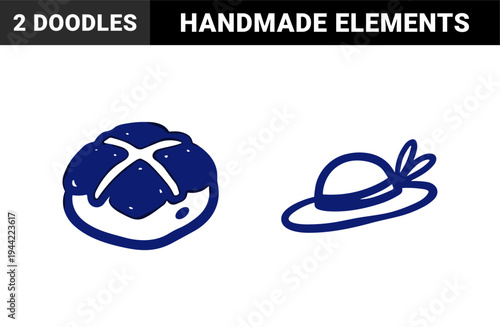 Hand-drawn sun hat and hot cross bun for seasonal branding and bakery identity. Rustic naive marker sketch illustrations of spring fashion and Easter treats.