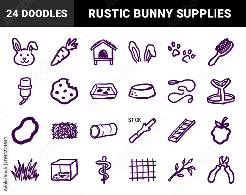 Hand-drawn rabbit care and pet supply doodles for organic brand identity. Rustic, naive marker sketch illustrations featuring bunny welfare concepts.