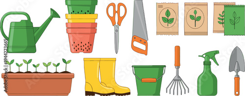 Gardening Equipment and Planting Tools Collection with Watering Can Pots Boots Rake Scissors and Seedlings Cartoon Vector Illustration Set