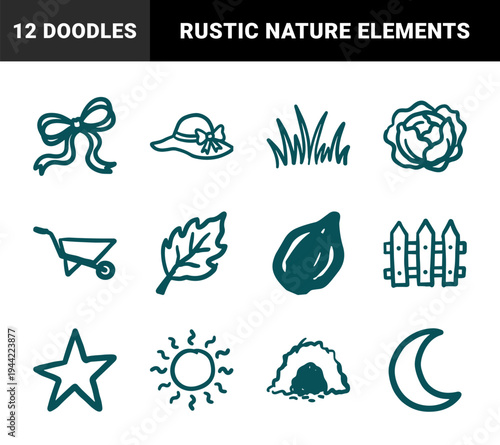 Hand-drawn garden and nature elements for rustic branding. Naive marker sketch illustrations featuring spring gardening and celestial backyard concepts.
