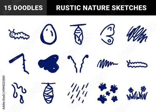 Hand-drawn butterfly life cycle and nature doodles for organic branding. Naive marker sketch illustrations featuring caterpillar, cocoon, and egg.