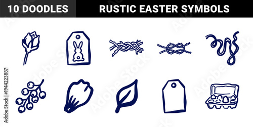 Hand-drawn Easter and spring nature elements for rustic brand identity. Naive marker sketch illustrations featuring eggs, twigs, and botanical buds.