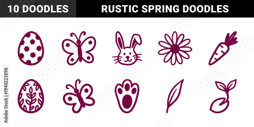 Hand-drawn Easter and springtime nature elements for organic brand identity. Rustic, naive marker sketch illustrations featuring bunny, eggs, and floral concepts.