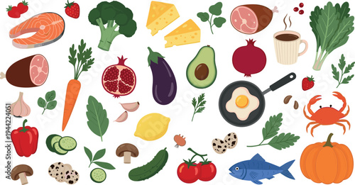 Healthy Food Ingredients Vector Set with Fish, Vegetables, Cheese, Egg, Pumpkin, Avocado and Fresh Organic Products