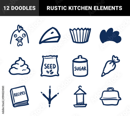 Hand-drawn poultry farming and home baking elements for rustic brand identity. Naive marker sketch illustrations featuring chicken and kitchen concepts.