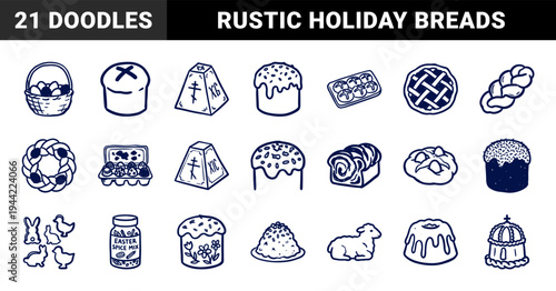 Hand-drawn Eastern Orthodox Easter elements and traditional holiday treats. Rustic naive marker sketch illustrations featuring Paska bread, Kulich, and decorated eggs.