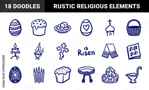 Eastern Orthodox Easter celebrations featuring Paska bread and decorated eggs. Rustic hand-drawn marker sketches for religious holiday branding and greeting cards.