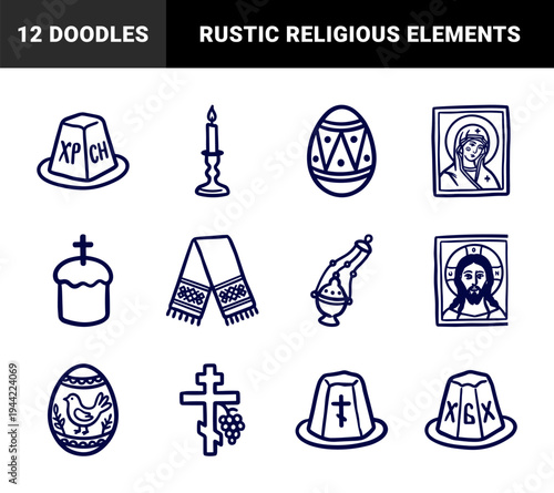 Orthodox Easter and Byzantine religious elements in a rustic hand-drawn doodle style. Naive marker sketch illustrations featuring icons, pascha, and church traditions.