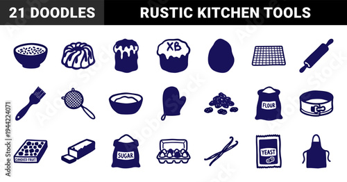 Hand-drawn Easter baking and pastry preparation elements in a rustic doodle style. Naive marker sketch illustrations featuring traditional cakes, ingredients, and kitchen tools.