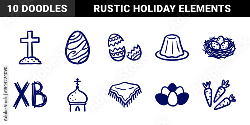 Hand-drawn Orthodox Easter symbols and rustic holiday elements. Naive marker sketch illustrations featuring Paska cake, decorated eggs, and church motifs.