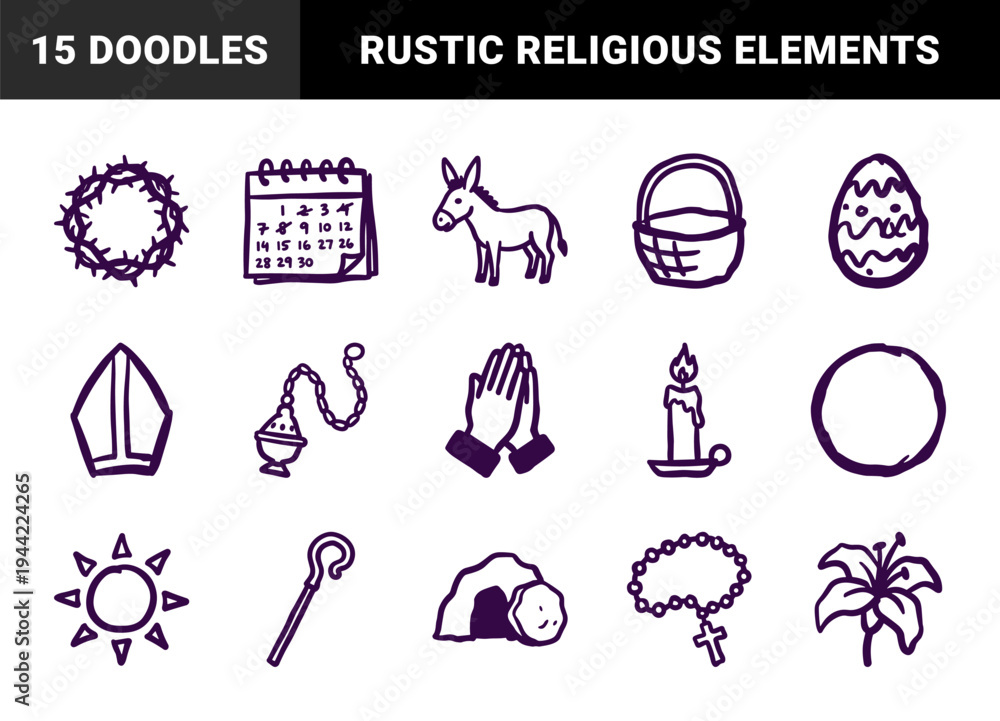 Obraz premium Hand-drawn Easter and religious holiday elements with a naive marker sketch aesthetic. Rustic Christian symbols for organic seasonal branding and storytelling.