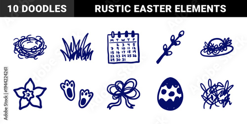 Spring and Easter seasonal doodles for organic branding. Rustic, naive marker sketch illustrations featuring garden and holiday elements.