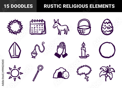 Hand-drawn Easter and religious holiday elements with a naive marker sketch aesthetic. Rustic Christian symbols for organic seasonal branding and storytelling.