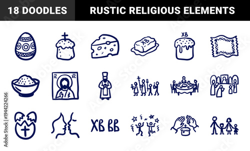 Orthodox Easter celebration elements in a naive marker sketch style. Rustic hand-drawn doodles of Pascha bread, painted eggs, and religious symbols.