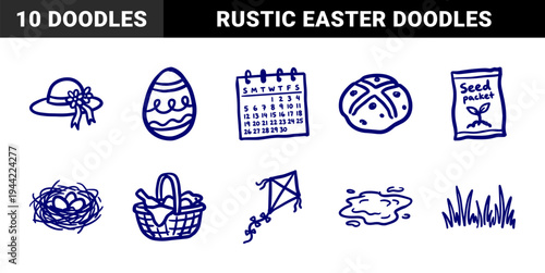 Hand-drawn spring and Easter seasonal elements for rustic brand identity. Naive marker sketch illustrations featuring holiday traditions and garden growth.