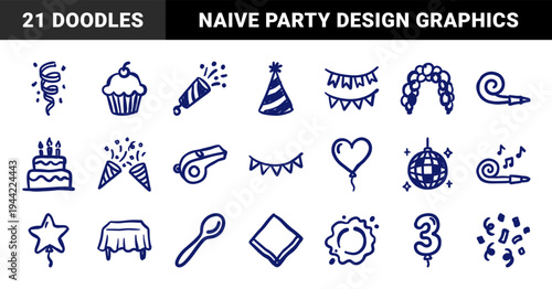 Hand-drawn birthday celebration elements in a naive marker sketch style. Rustic party doodles featuring cake, balloons, and festive decorations.