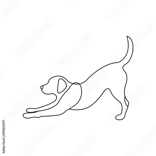 Minimalist Single Line Art Drawing of a Playful Dog Stretching in Play Bow Pose