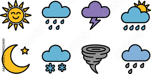 Colorful weather vector collection featuring sun rain clouds lightning snow and tornado symbols for meteorology and climate forecasting.
