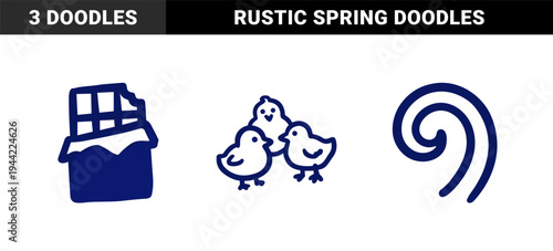 Hand-drawn whimsical chick and chocolate snack elements for organic brand identity. Rustic, naive marker sketch illustrations featuring Easter treats and snacks.