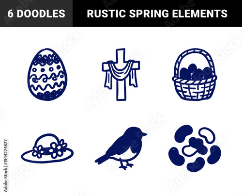 Hand-drawn Easter and spring celebration elements in a rustic blue marker style. Naive doodle illustrations featuring a basket, egg, cross, jelly beans, bonnet, and bird.