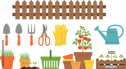 Gardening Tools and Plants Collection with Fence, Watering Can, Tomato Plant and Flower Pots Vector Illustration Set