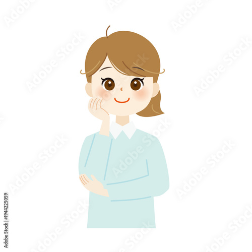 頬杖をついて笑顔の女性のイラスト　リラックス・思案中