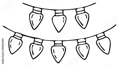 Simple outline illustration of two strings of teardrop shaped Christmas lights hanging on curves