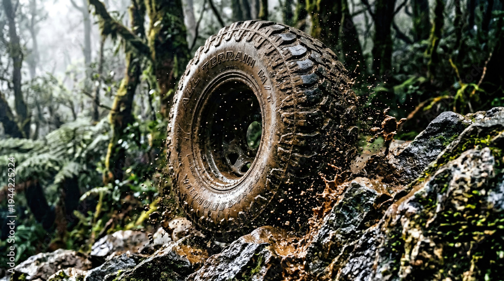 Fototapeta premium Off-road tire splashing mud on forest trail